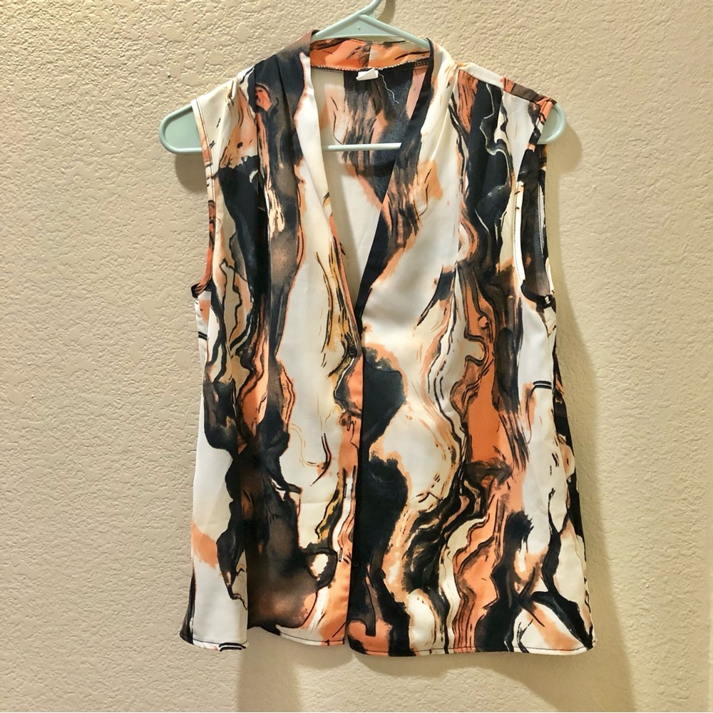 SHEIN Orange, Black & White Marble-Print V-Neck Camisole